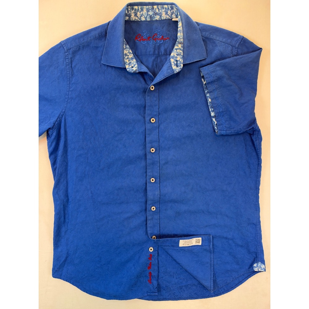 Robert Graham Men Large Classic Fit Blue Jacquard Short Sleeve Button Down Shirt